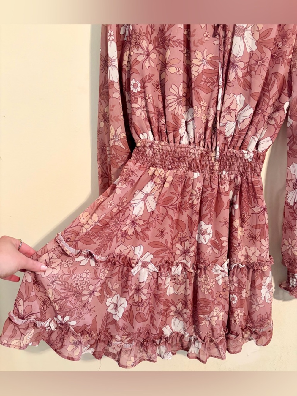 Peach Love California Floral Tie-Neck Elastic Waist Dress in Dusty Rose Sz Large - Picture 7 of 16